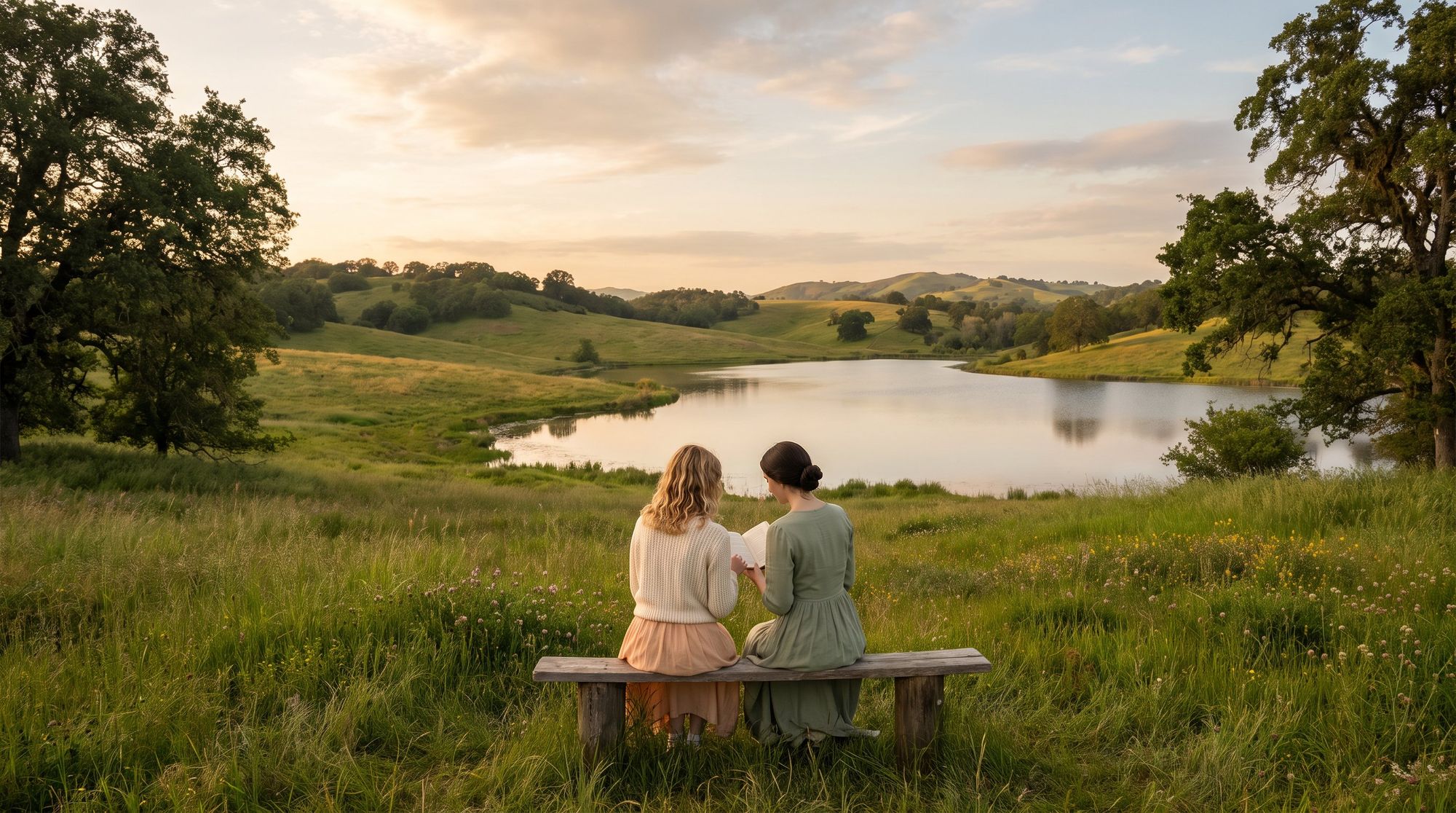 Two women sitting together on a bench, overlooking a wide green valley and lake at sunset
